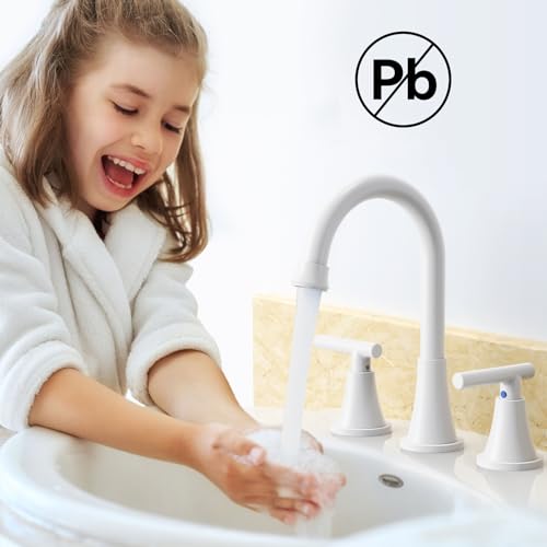 Image of Bathroom Faucet 3 Hole, White Faucets with Pop-up Drain and Supply Lines