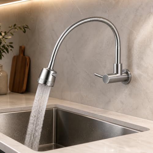 Image of InArt Wall Mounted Flexible Kitchen Faucet, Brushed Silver Gooseneck Sink Tap with Adjustable Spray Head, Single Lever, Anti-Splash Flow, 5 Year Leakage Warranty