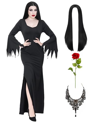 QUJQOM Long Black Dress for morticia addams Costume Women Black Gothic Dress with Wig Necklace Flower for Family Costume Dress Up Outfit QM043L