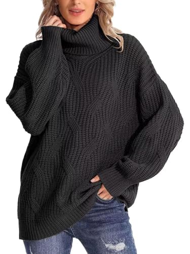 Rayson Jersey de Cuello Alto para Mujer Suéter Manga Larga Invierno Casual Knittet Pullover de Punto Diseño Acanalado Suelto(Negro,M)
