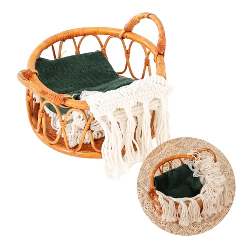 Kate Newborn Photography Props Rattan Circular Basket Handcrafted Bed Mini Bed With Boho Woven Blanket And Stretch Wrap For Baby Photography Posing Props Photoshoot