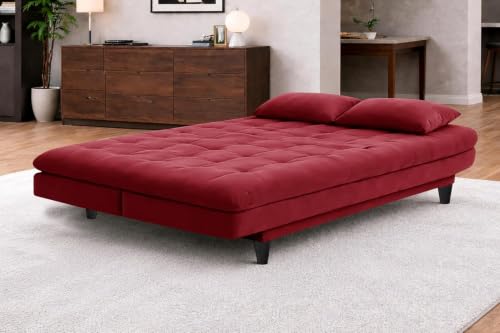 Image of Rosebell Modern Wooden 3-Seater Sofa Cum Bed Foldable Velevt Fabric Sofa for Living Room, Guest Room & Office-Red-Color