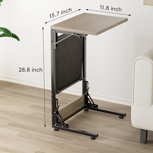 Image of Folding TV Tray Table, 28.8 inch Tall C-Shaped Side Table for Couch and Bed, Slide Under Sofa Side Desk with Storage Bag - Sturdy Metal Frame Tray for Living Room, Bedroom, Home & Office (Oak Gray)