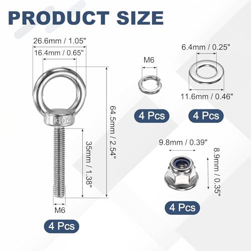 Image of PATIKIL M6 x 35mm Shoulder Eye Bolt, 4 Pcs 304 Stainless Steel Lifting Ring Threaded Eye Bolt with Flange Lock Nuts Spring and Flat Washers for Hanging Tie Down Straps Outdoor Indoor