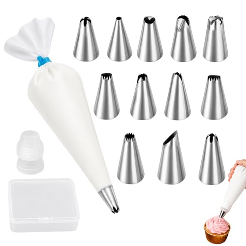 Ailah Manga Pastelera Reutilizable con 12 Boquillas de Repostería de Acero Inoxidable, Set Boquillas Manga Pastelera con Adaptador y Manga de 31 cm para Decoración de Tartas y Cupcakes