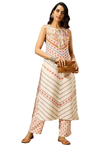 Image of Janasya Women's Cream Cotton Blend Floral Printed Straight Co-ord Set