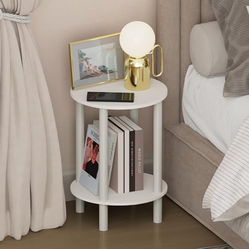 Furinno Turn-N-Tube Night Stand 2-Tier Round Small Nightstand Toolless Assembly Narrow End Table with Open Shelf Side Table Bedside Table for Bedroom Closet Dorm White