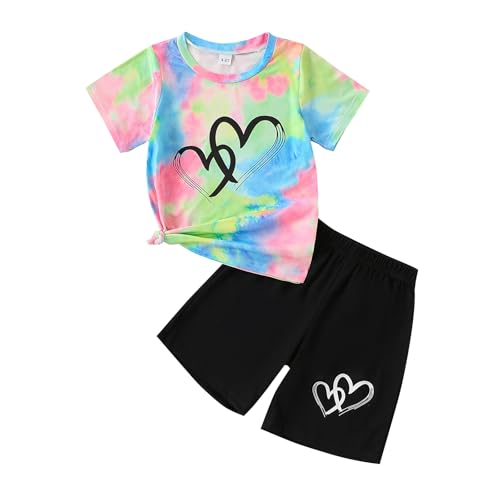 Image of Kids Girl Clothes Tie Dye Heart Print Short Sleeve Top and Shorts Toddler Girl Summer Outfits Short Set