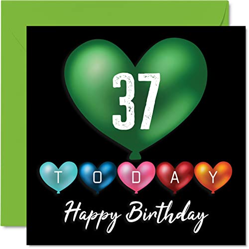 Divertidas tarjetas de cumpleaños 37 para hombres y mujeres, globos de corazón, tarjeta de feliz cumpleaños para papá, mamá, hijo, hija, hermano, primo, tarjetas de felicitación de 145 mmx145 mm