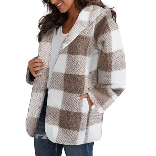 Women Fleece Jacket Plaid Sherpa Jacket Open Front Flannel Hooded Cardigan Long Sleeve Winter Coats with Pockets 5