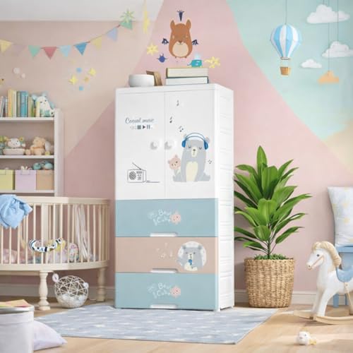 Image of 4- Door Plastic Wardrobe for Kids| Almirah and Wardrobe for Baby Clothes| Modular Storage Cabinet with Wheel Organizer for Cupboard Rack for Clothes /Shoes /Books /Toy (Funny Bear-SJ6514)