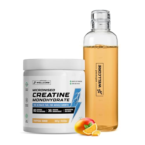 Image of Wellcore Pure Micronised Creatine Powder With Glass Bottle (83 Servings, Tropical Tango) For Enhanced Muscle Strength With Rapid Absorption | Creatine Monohydrate | Wellcore Creatine Flavoured - 307g