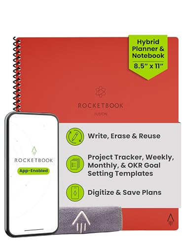 Image of Rocketbook Fusion Smart Reusable Notebook - Calendar, To-Do Lists, and Note Template Pages with 1 Pilot Frixion Pen & 1 Microfiber Cloth Included - Atomic Red Cover, Letter Size (8.5 inch x 11 inch) | Goal Tracking, Project Planning & Note-Taking in One Notebook