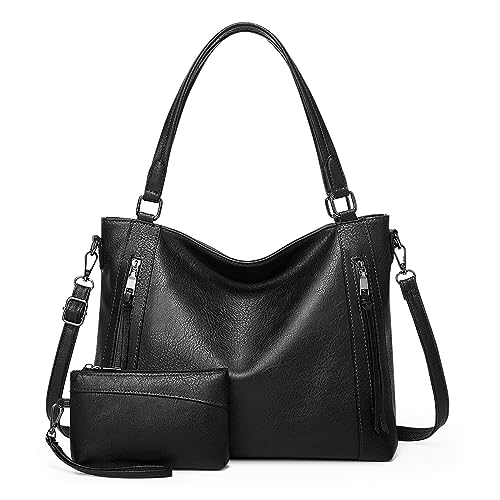 VINBAGGE Damen Handtasche Leder Henkeltasche Top Griff Tasche Vintage Weiches Umhängetasche Schultertasche Mit Geldbörse Hobo Damen Taschen für Frauen - Set 2pcs Schwarz