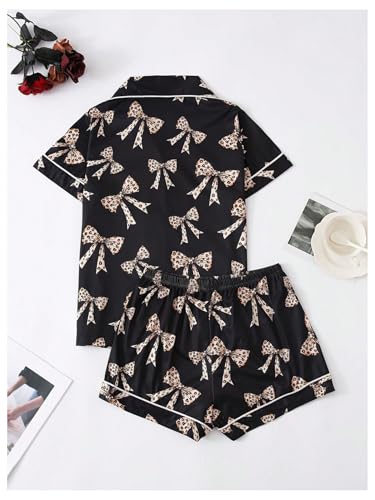 Image of Verdusa Women's 2 Piece Floral Bow Pajama Set Short Sleeve Button Down Shirt and Shorts Set