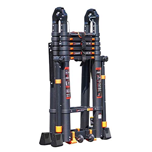 YGCBL Escalera telescópica plegable de aluminio con ruedas y barra antivuelco para techo/ático/oficina, 3,4 m, 4,2 m, 5,8 m, carga de 150 kg, 5,8 m (2,9 m + 2,9 m), 5,8 m + 2,9 m