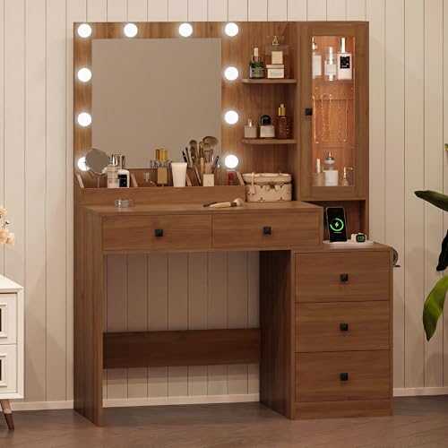 Image of HUANLEGO Vanity Desk with Mirror and Lights, Walnut Makeup Vanity Mirror with Lights Desk with 5 Drawers, Jewelry Organizer& LED Glass Cabinet, 3 Light Mode Dressing Table Set for Girls, Women