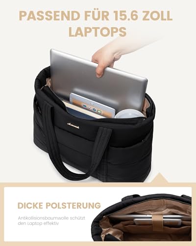 LOVEVOOK Laptoptasche Damen 15,6 Zoll, Shopper Tasche Puffer Handtasche Arbeitstasche Groß Tote Bag, Lehrertasche Schultertasche Bürotasche Aktentasche Women Handbags für Uni Business Schule, Schwarz