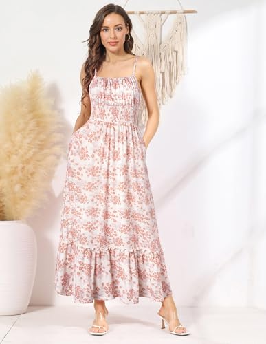 Image of GRACE KARIN Summer Dresses for Women 2026 Vacation,Smocked Floral Maxi Dress,Boho Beach Sundress with Pocket Fashion Clothing