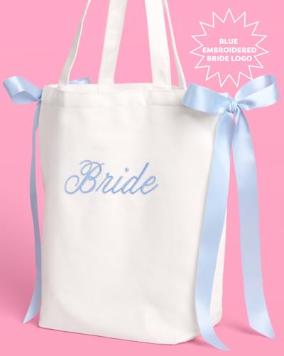 Bolsa Tote de Lona para Novia con Lazos Azules miniatura 4