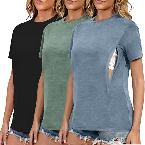 Ecavus Women's 3-Pack Nursing Shirts for Breastfeeding with Hidden Zippers Loose Fit Maternity Tops