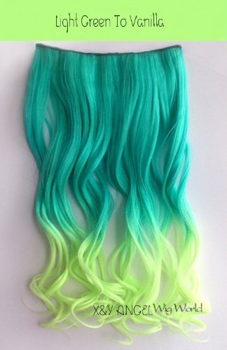 X&Y ANGEL -New Two Tone One Piece Long Curl/curly/wavy Synthetic Thick Hair Extension Clip-on Hairpieces 26 Colors (dark turquoise to light turquoise)