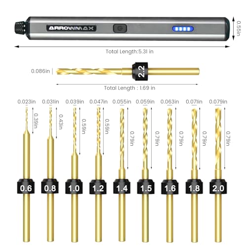 Image of AM ARROWMAX Mini Electric Drill Pen, 13 in 1 with Aluminium case, Rechargeable, 900 RPM, Needle Vise Hand Drill Kit, 10 HSS Bits, DIY, Wood, Jewelry Making (SDS MINI)