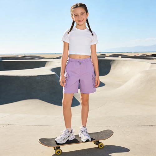 Image of Rolanko Girls Cargo Shorts Lightweight Parachute Short Pants with Pockets Summer Cargo Shorts for Kids Casual Hiking Sports