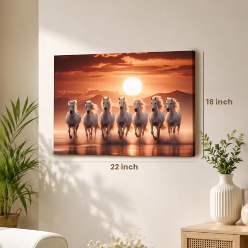 Image of PAINTINGMANTRA 7 White Running Horses Vastu Stretched Canvas Painting for Living Room, Seven Running Horses Canvas Wall Art Painting For Bed Room, Home & Office, 16x22 Inch