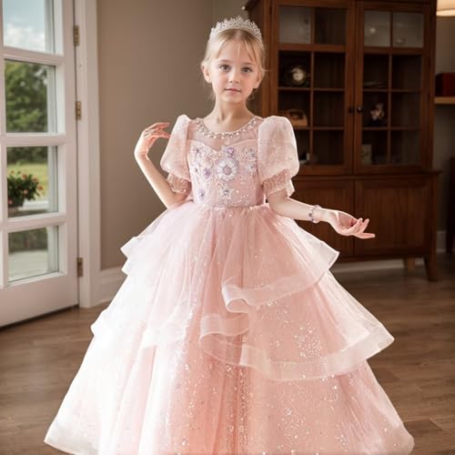 Girls A-line Tulle Prom Dress Sparkly Ball Gown with Puffy Sleeves Flower Girl Pageant Party Dresses, Size 2-144