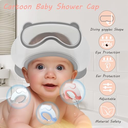 Image of Baby Shower Cap Shield, Shower Cap for Kids, Visor Hat for Eye and Ear Protection for 0-9 Years Old Children, Cute diving goggle Shape Makes The Baby Bath More Fun (Grey)