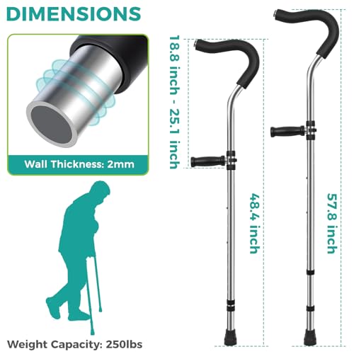 Crutch for Adults, Ergonomic Underarm Crutch with Spring Shock Absorber, Adjustable Crutches with Ergonomic Handgrips, Underarm Walking Crutches, Sturdy, Premium, Suitable for Height 5\'3\"- 6\'6\"