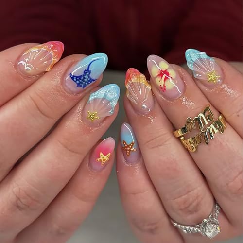 30Pcs Summer Beach Press on Nails Medium Almond Fake Nails with S...