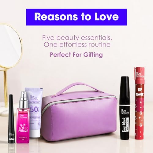 Image of Blue Heaven Glam Ready Beauty Makeup Kit|Gift Set with Free Makeup Pouch| Includes 4in1 Stackable Lipstick, Eyeliner, Mascara, Perfume & SPF50 Mini Sunscreen| Ideal for Gifting or daily use, Pack of 5