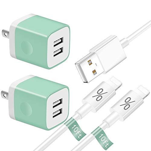 LUOBOL Phone Charger (4-Pack), 2 X 10 FT Extra Long Charging Sync Data Cable + 2 X Dual USB Wall Charger Plug Power Adapter Compatible with iPhone 11/XR/XS Max/X/8/7/6 Plus/SE/5C, iPad (Green)