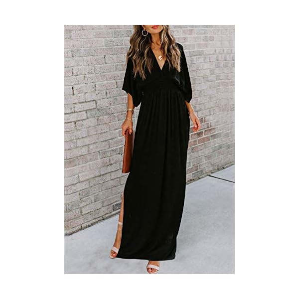 Meenew-Womens-Summer-Maxi-Dress-Party-Vacation-High-Slit-Loose-Long-Beach-Dress Meenew Women's Summer Casual Long Dress Plunge Neck Maxi Party Dress Black L