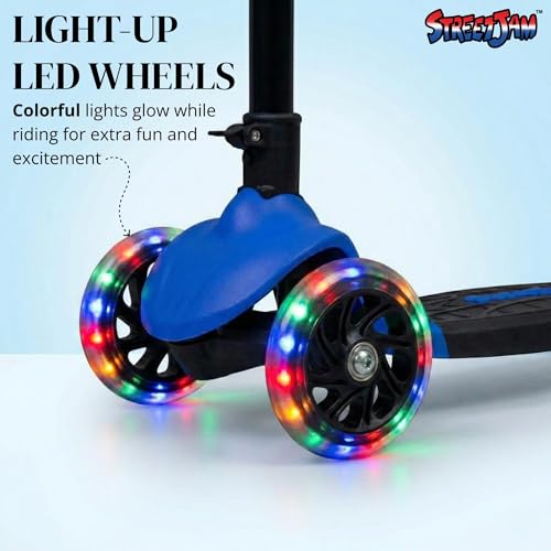 Image of STREETJAM Zoltra LED Wheel Kids Kick Scooter 3-12 Years, LED Light Wheels, BIS Approved, Lean-to-Steer Control, Extra Wide Deck, Vibrant Two-Tone Design, Up to 50 kg Load (Royal Blue with Black)