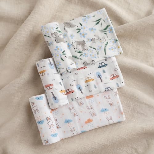 Image of Mee Mee 100% Muslin Cotton Swaddle Wrapper Set (Pack of 3) | Soft, Quick-Drying & Highly Absorbent Baby Blanket Towel | Printed Mulmul Cloth for Newborn Essentials (Multicolour, 100 x 100 cm)