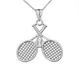 Fine 14k White Gold Double-Crossed Tennis Racquets and Ball Sports Charm Pendant Necklace, 18'