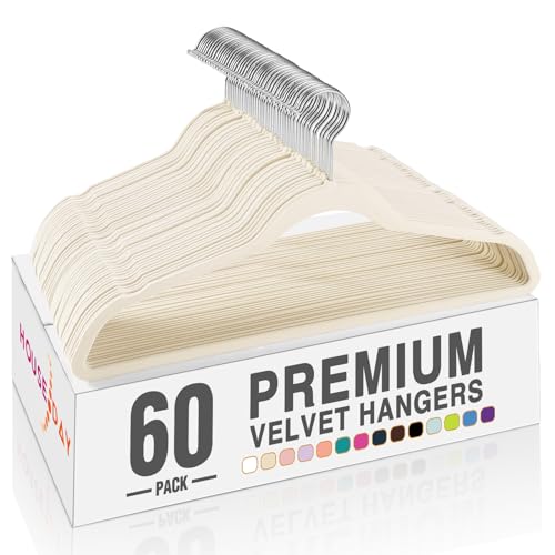 Image of HOUSE DAY Ivory Velvet Hangers 60 Pack, Non Slip Clothes Felt Hanger Heavy Duty for Coat, Premium Slim Space Saving Suit Hangers for Closet Organizer, 360 Rotating Silver Hook