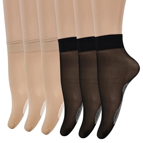 Heran Nylons Sheer Socks for Women Girls, Women’s Crew Silk Ankle Dress Stockings, Woman Ultra Thin Nude & Black Transparent Hosiery Socks, 6 Pairs of Calf High See Through Mesh Stockings for Girls