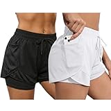Pack de 2 Pantalones Cortos Deporte Mujer 2 en 1 con Legging Integrado Shorts Running Mujer Mallas Cortas Deportivas Fitness Yoga y Gimnasio (L, N/B)