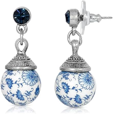 1928 Jewelry Blue Willow Round Beaded Post Drop Earring For Women, Vintage Romantic Chinese Ceramic And Porcelain Love Story Inspired Design, Made In USA - Image 4