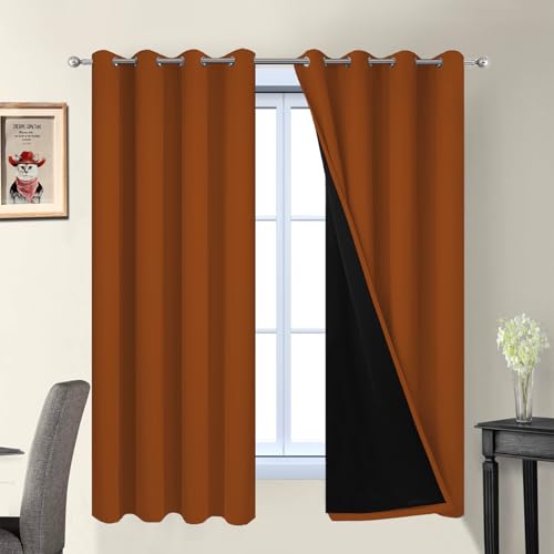 Image of Yakamok Burnt Orange 100% Blackout Curtains 63 Inches Long 52 inch Wide 2 PCS | Blackout Curtain Panels for Bedroom, 2 Thick Layers Grommet Top Thermal Insulated Drapes with Black Liner for Living Room