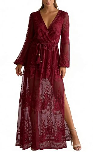 Image of LRISES Womens V Neck Floral Embroidered Lace Wedding Maxi Dress Boho Short Sleeve Slit Bridesmaid Evening Party Dresses