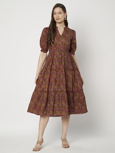 Image of Women's Floral Summer Maxi Dress I Cotton Printed I One Piece Bodycon Midi Dress with V-Neck, Puffed Sleeves