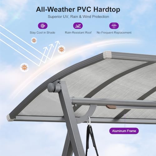 Image of PURPLE LEAF Porch Swing 3 Person Patio Swing Chair with PVC Canopy Outdoor Deluxe Modern Yard Hammock Swinging Chairs w /Solar LED Light and Cushions for Backyard Glider Outside Loveseat Bench