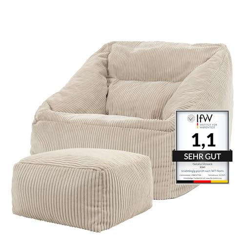 Icon Natalia Sitzsack Sessel mit Hocker für Erwachsene, Beige, Flauschiger Cord Stoff, Riesen Sitzsack Cord mit Füllung, Bean Bag Chair, Bequemer Sessel Wohnzimmer, Lounge, Schlafzimmer, Büro
