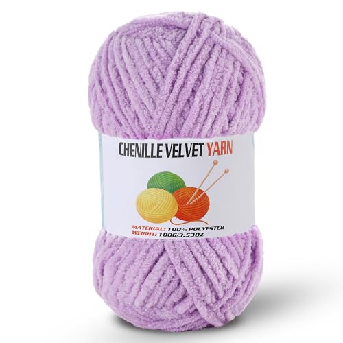 Image of Fluffy Chenille Yarn for Crocheting, Chunky Velvet Yarn for Crochet Amigurumi, Used for Making Baby Yarns Blanket, Clothes, Pattern Knitting Creations (1-Light Purple)