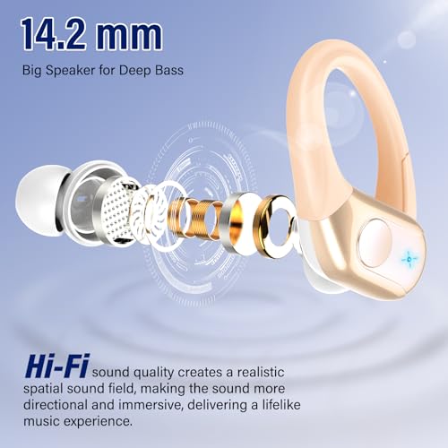 Image of Qecnato Wireless Earbuds Bluetooth 5.4 Headphones, Stereo Deep Bass Over Ear Buds with Earhooks, Bluetooth Earbuds with 4 ENC Mic, IP7 Waterproof Earphone for Running Light Brown